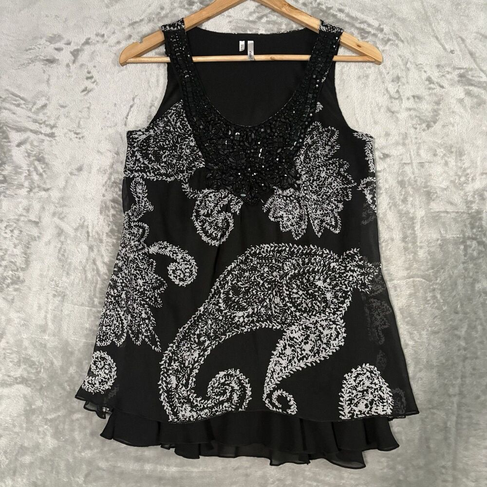 Studio Y Blouse XS Black Paisley Beaded Neck Chiffon Layered Boho Whimsigoth
